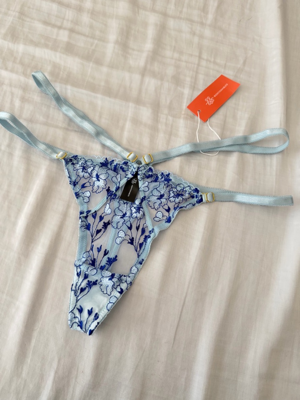 Mentionables Sheer Floral Embroidered Strappy Thong Panty - Light & Dark Blue